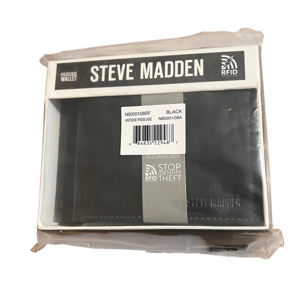 Steve Madden Men's Slim Leather Wallet One Size, Black/Antique